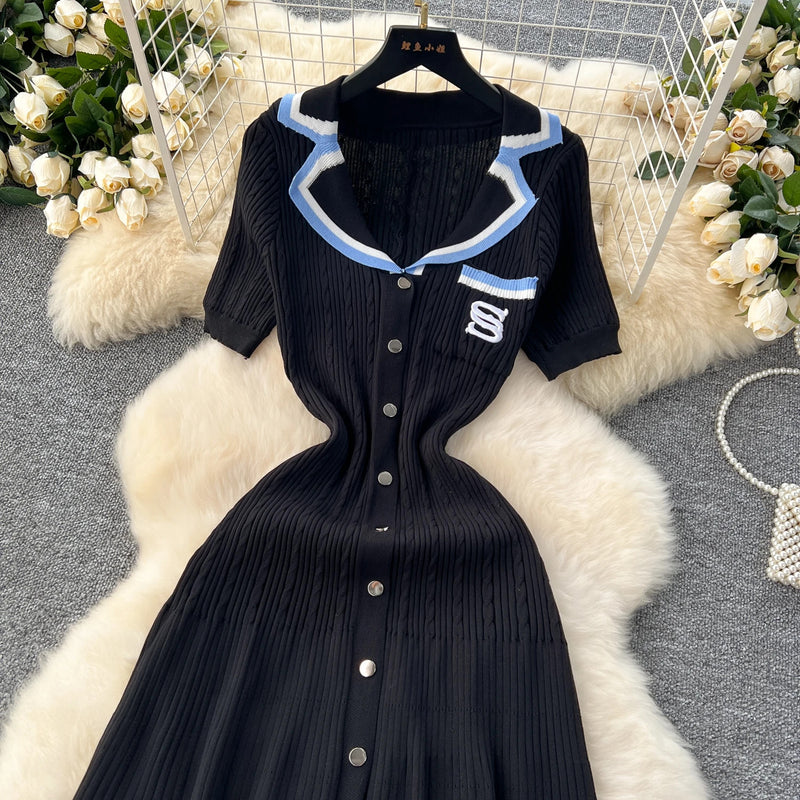 Elegant Turn-down Collar embroidery Single Breasted Knit Bodycon Dress Slim Fashion Sweater Vestido Sexy Women Winter Clothing