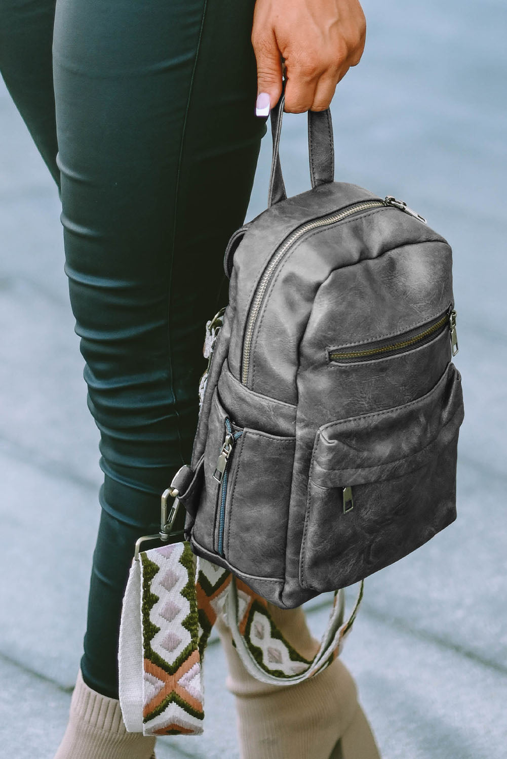 Gray Double Zipper Faux Leather Backpack