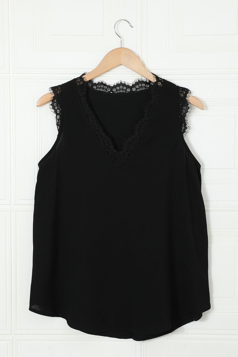 Blank Apparel - Black Sleeveless Eyelash Lace V Neck Tank Top