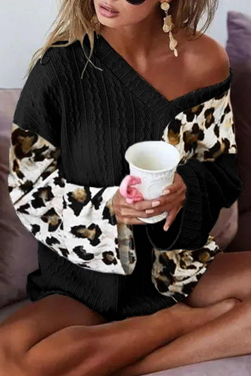 Black Asymmetric Leopard Patchwork Wide Sleeve V Neck Sweater