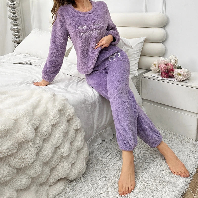 Purple Flannel Women Pajamas Sets Autumn Winter Long Sleeves Long Pants Casual Sleepwears Soft Pijamas Comfy Pyjamas Pjs Cozy Pj