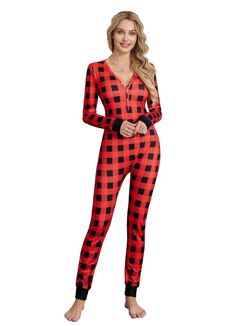 Back Buttoned Flap Pajamas Jumpsuit for Women Christmas Sleepwear Fall Winter Printed Long Sleeve Rompers Loungwear Outfit