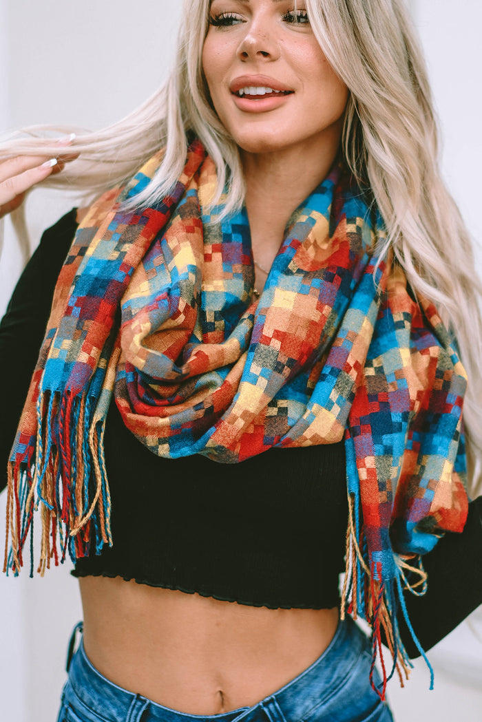 Orange Color Block Plaid Print Tasseled Large Scarf