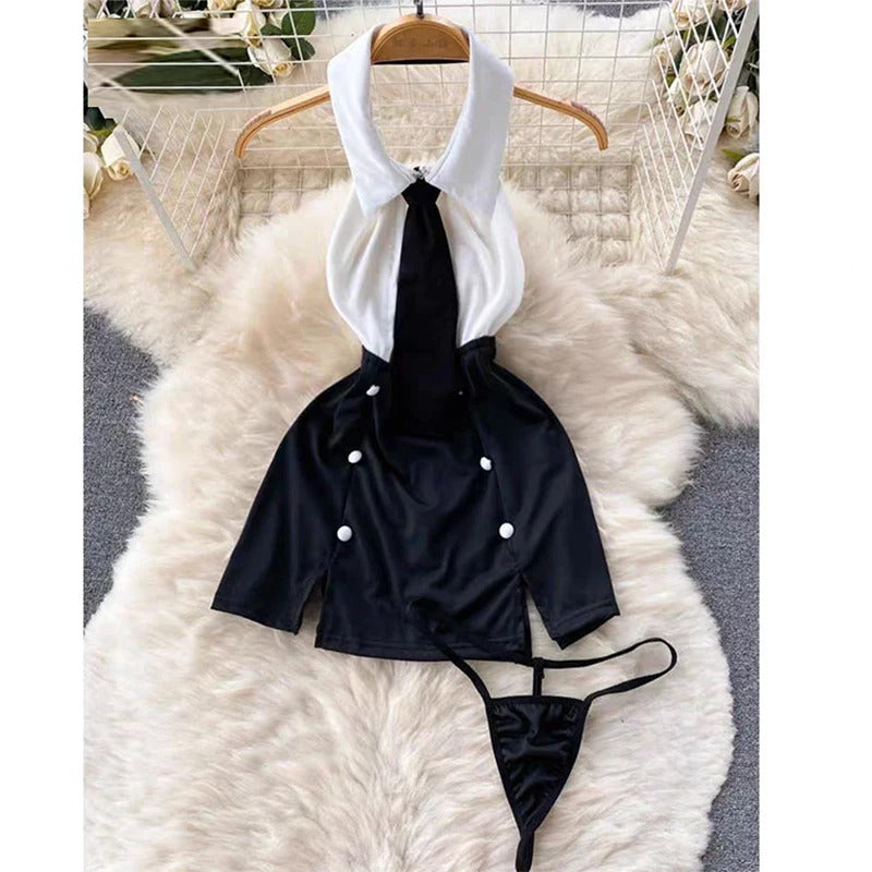 Dropped Waist Women's Sexy Sweet Nurse Cosplay Uniform Lingerie Set Revealing Neckline Lace Trimmed Nightgown Costume Dresses