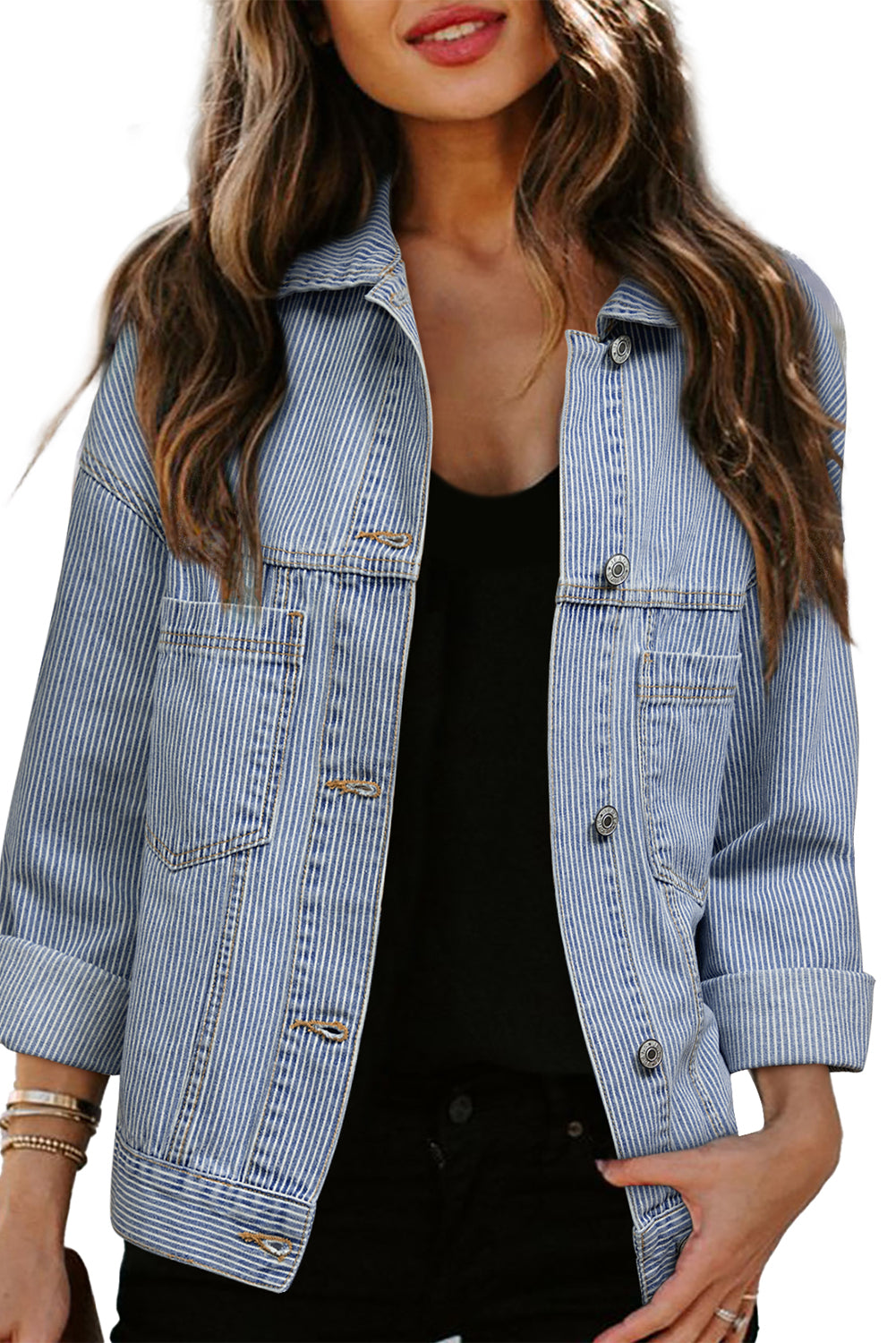 Sky Blue Stripe Washed Oversize Pocketed Denim Jacket