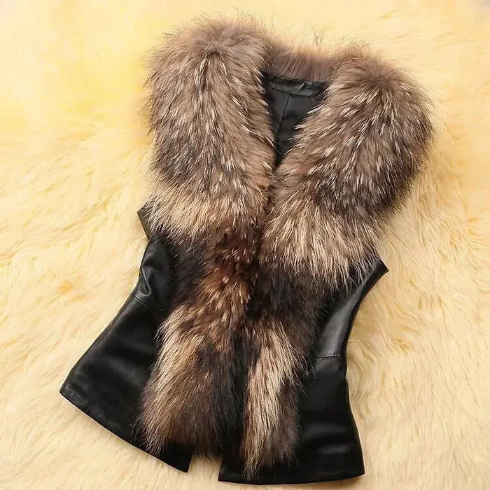 Women Leather Jacket Fur Collar Stitching Simulation Leather Oversized Raccoon Autumn Winter Solid Color Sleeveless Vest Coat