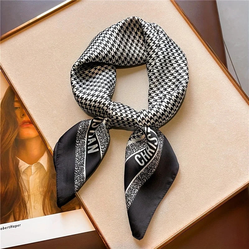 1pcs 70cm Houndstooth Printed Square Scarf for Women Imitation Silk CHRISTIAN Letters Fashionable and Versatile Headscarf Scarf