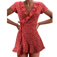 Summer Women’s Floal A-Line Dress Sweet Elegant Floral Ruffles V-neck Bandage Short Dress for Lady Chic Flowers Mini Dress