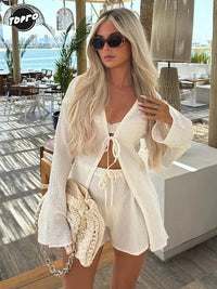 Women's Crochet Hollowed Out Lapel Single Breasted Top Set Chic Solid Printed Wide Leg Pants Suits 2024 Commuter Vacation Outfit