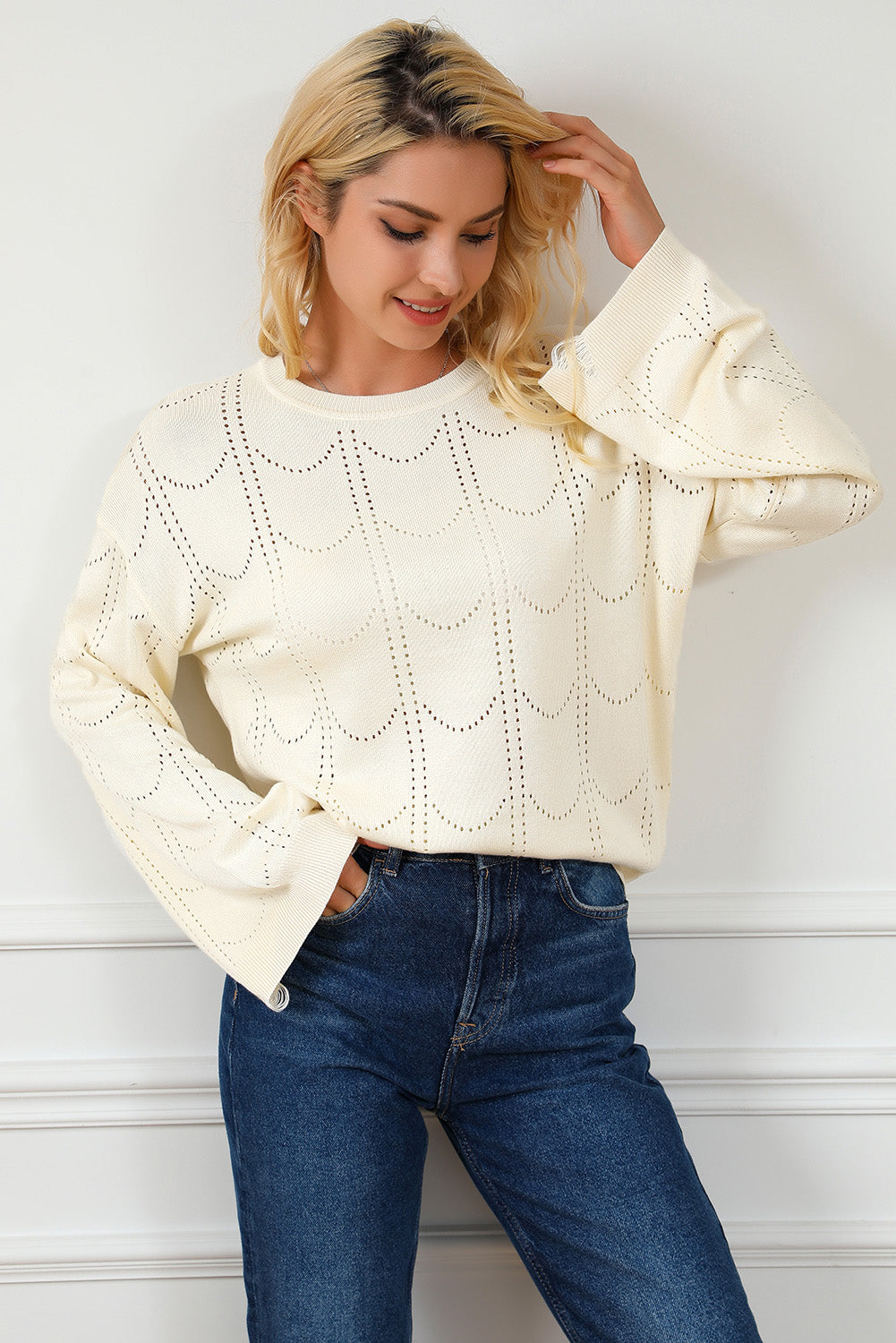 Beige Flare Sleeve Texture Knit Sweater