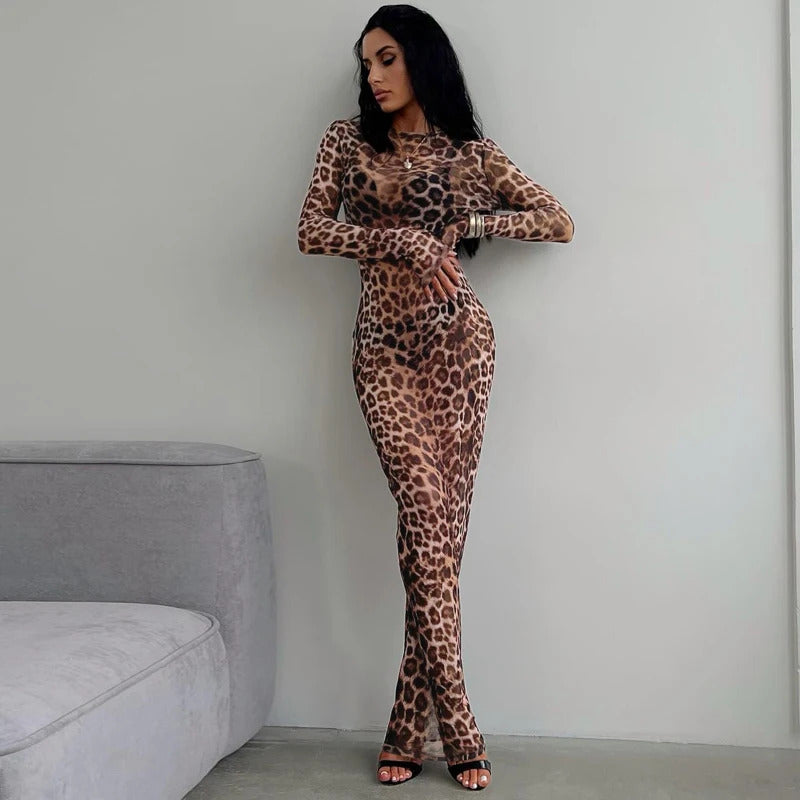 Hugcitar 2024 Leopard Print Mesh Long Sleeve Sexy Slim  See Through Maxi Dress Fall Women Fashion Outfits Beach Vacation Club