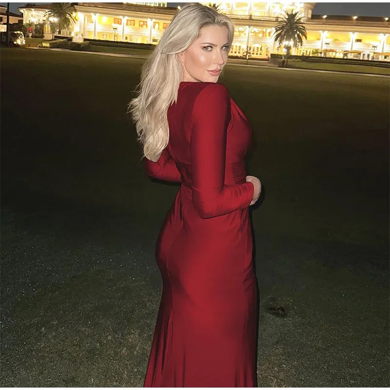 Burgundy  Sexy Pleated Lace Up Long Dress Lady Fashion Round Neck Slim Fit Long Sleeved Evening Gown 2024 New Chic Outfits