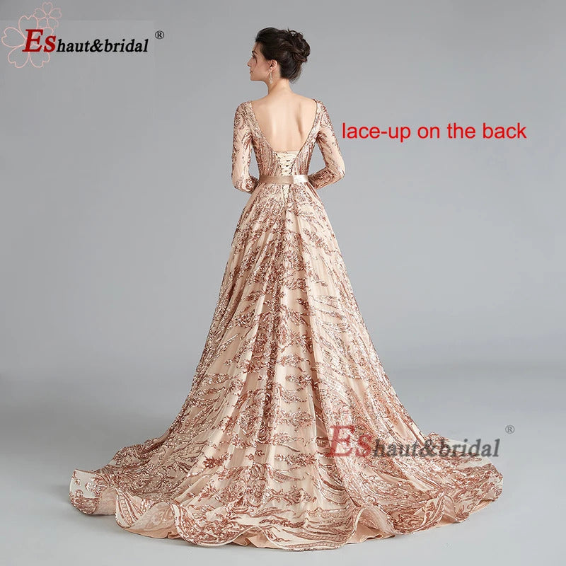 Dubai A-Line Luxury Wedding Evening Dress for Women Muslim 2024 Long Sleeves Sequin Plus Size Formal Prom Party Gown Customized