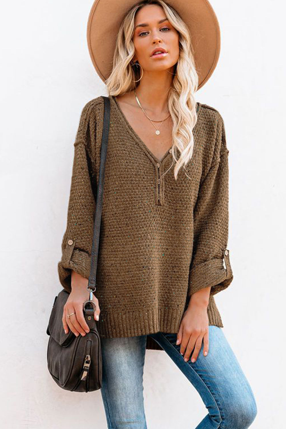 Brown Buttoned Drop Shoulder Knitted Sweater