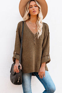 Brown Buttoned Drop Shoulder Knitted Sweater