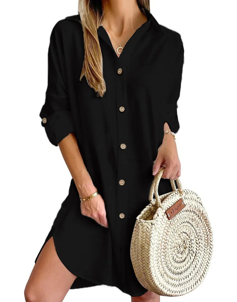 Solid Color Button Front Shirt Dress Casual Long Sleeve Lapel Dress For Spring & Fall Women's Clothing