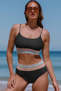 Black Striped Patchwork Spaghetti Strap High Waist Bikini Swimsuit