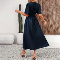 Y.KUKU New Women Dress Long Fashion Vacation Party Dresses Short Sleeve V-neck Slit Solid High Quality Vestidos Femme 2024