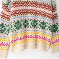 Casual Knitted Jacquard Sweaters Women Vintage Loose Printed O-neck Pullover Sweater Female Christmas Thick Chic Daily Knitwear