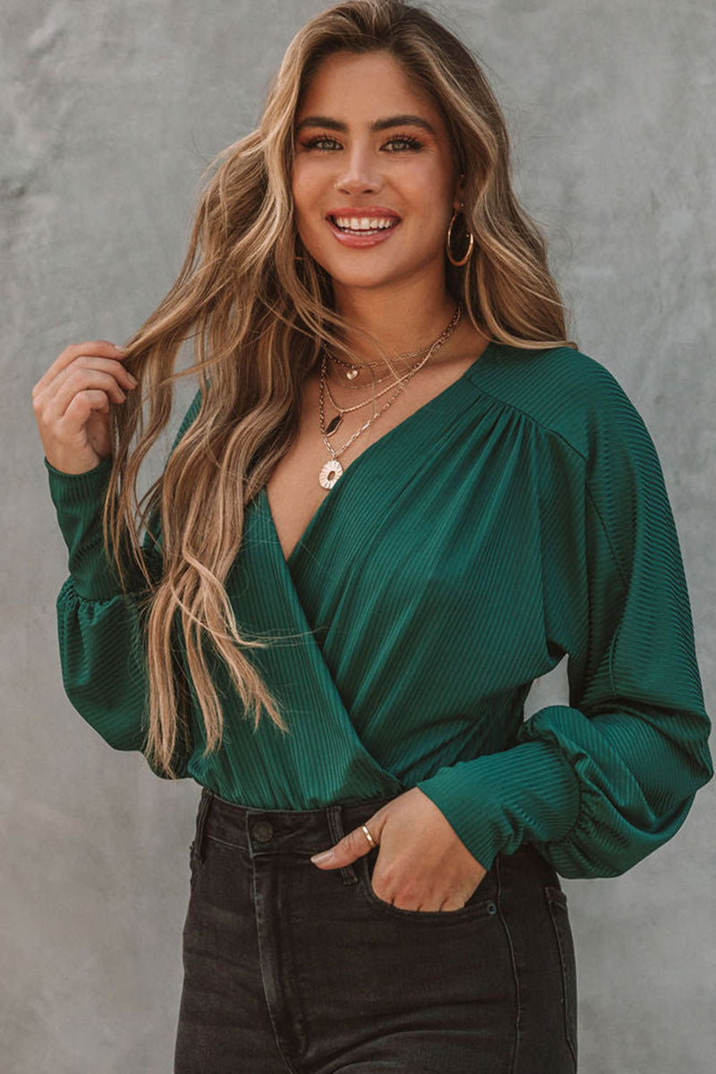 Green Ribbed Texture Drape Front V Neck Bodysuit