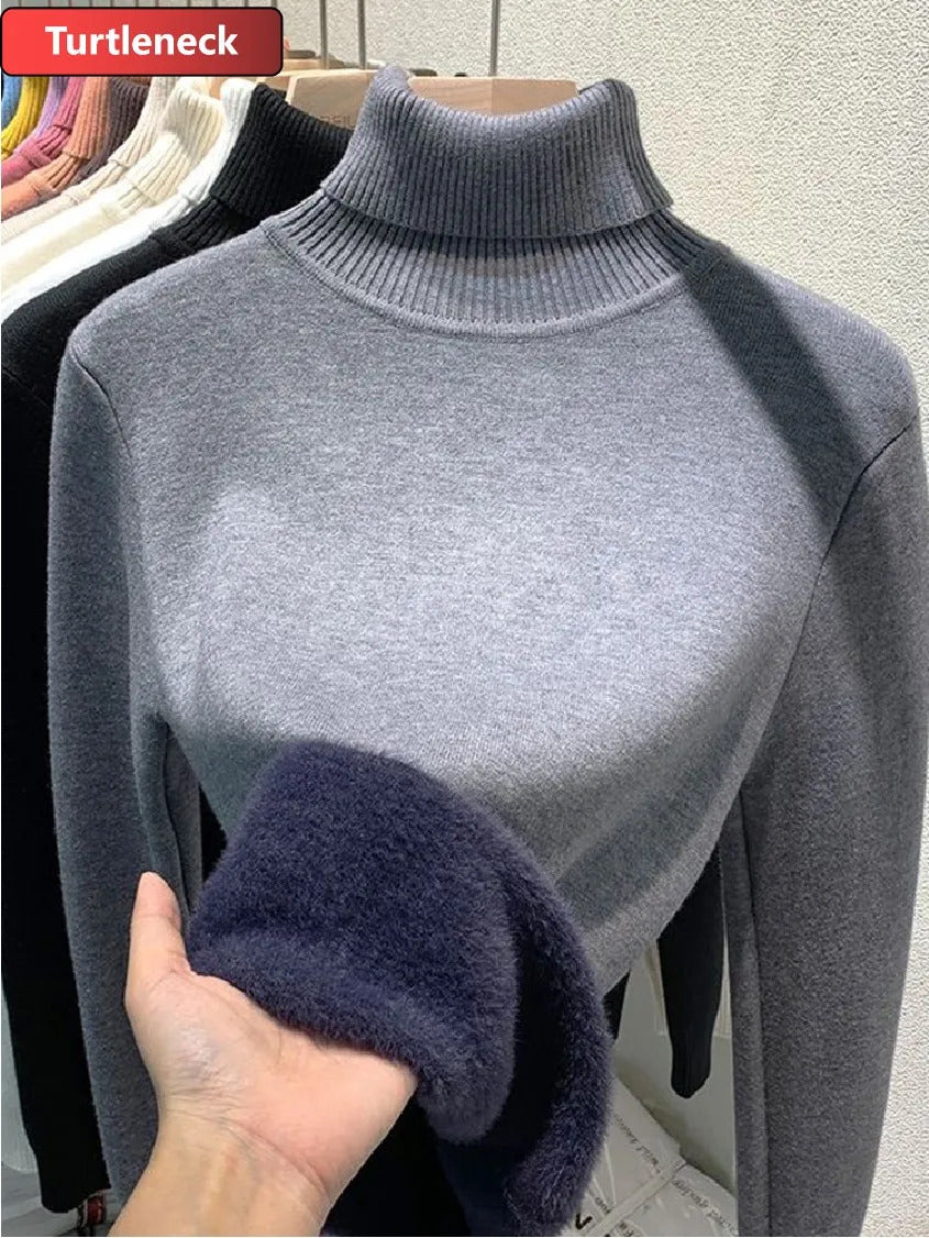 Thicken Velvet Turtleneck Sweater Women Korean Fashion Lined Warm Sueter Knitted Pullover Slim Top Winter Jersey Knitwear Jumper