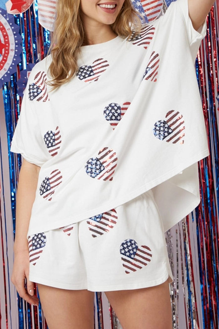 White American Flag Sequin Graphic Loose Top and Short Set