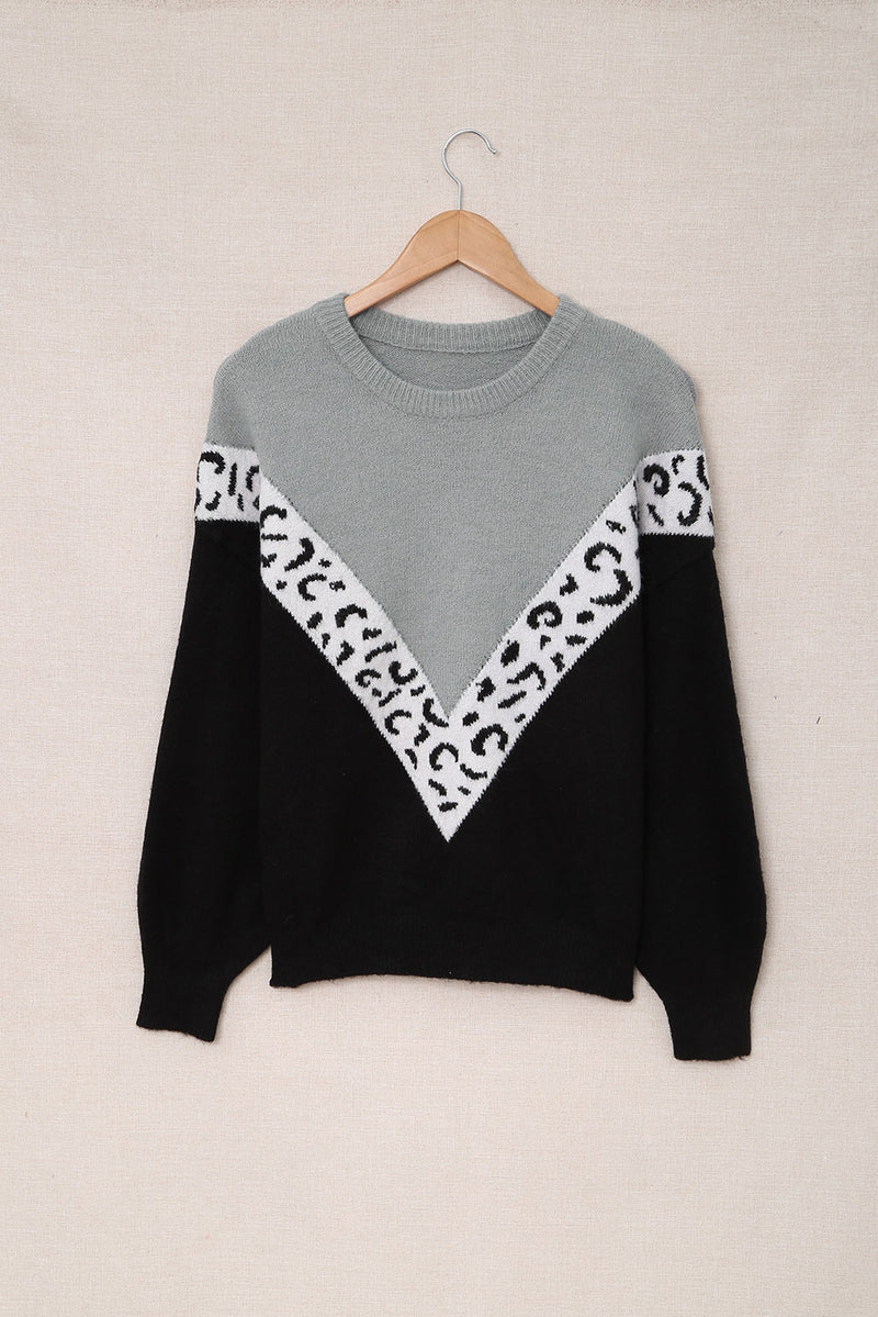 Black Colorblock Chevron Leopard Pullover Sweater