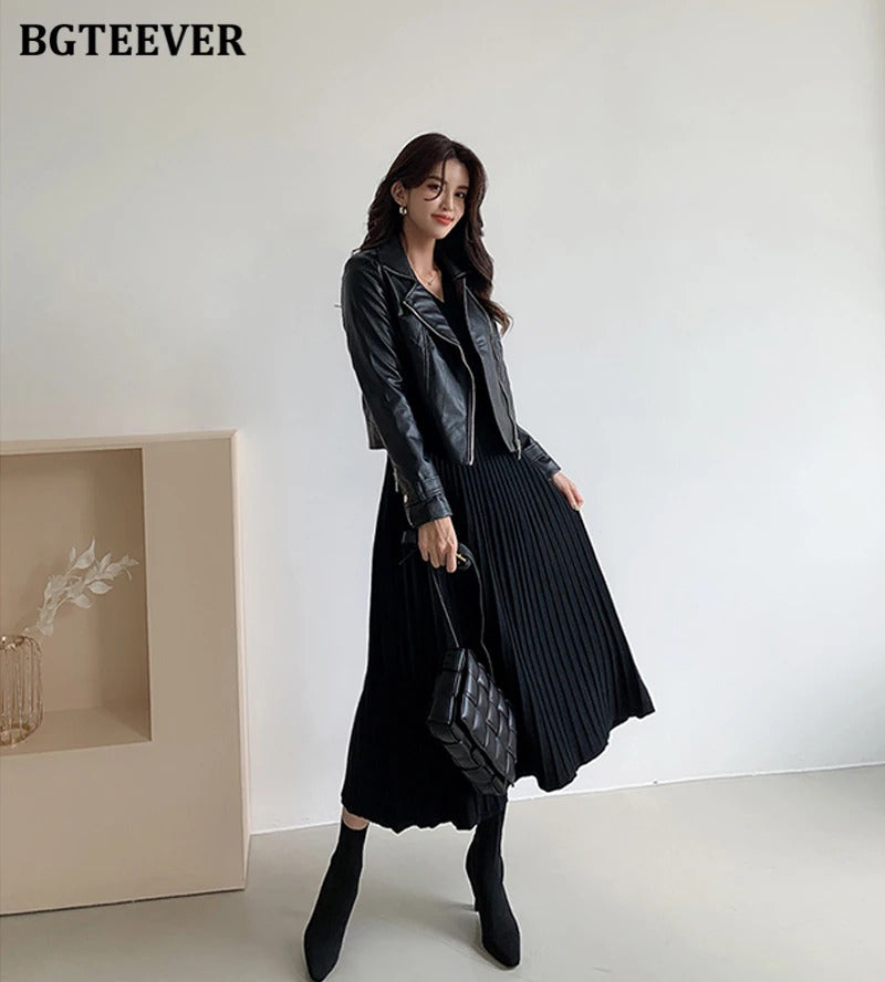 BGTEEVER Elegant V-neck Single-breasted Women Thicken Sweater Dress 2021 Autumn Winter Knitted Belted Female A-line soft dresses