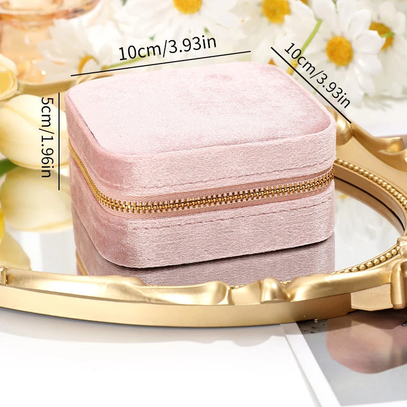 Velvet Jewelry Box For Women Geometric Sqaure Jewelry Storage Case Necklace Ring Earrings Travel Portable Zipper Boxes