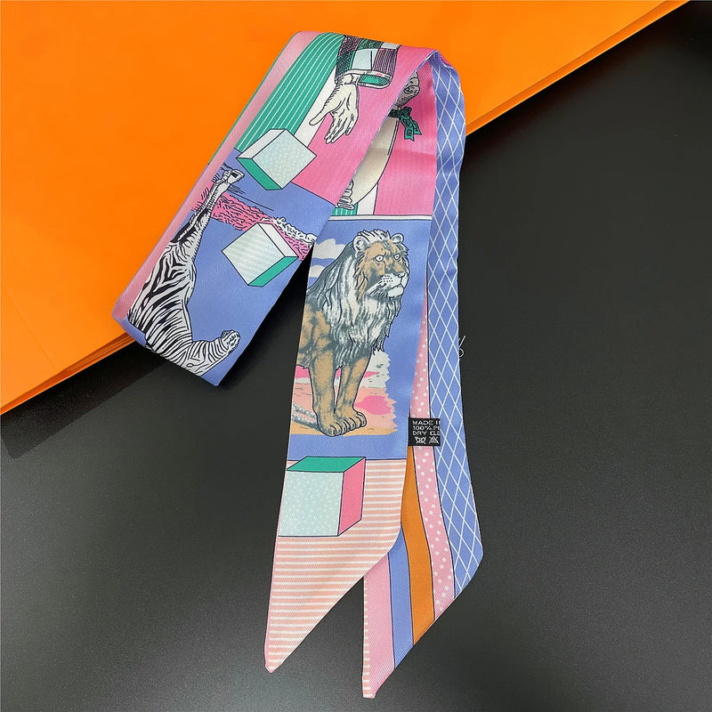 2024 Brand Design Zebra In Flowers Women Scarf Luxury Silk Scarf Fashion Hair Headband Foulard Skinny Bag Scarves Neckerchief