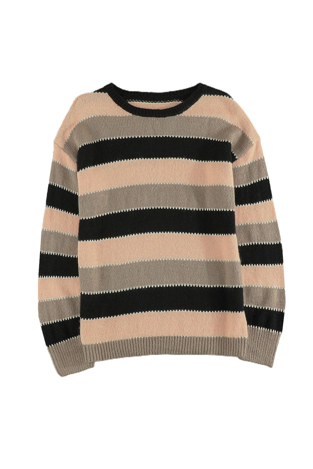 Brown Drop-Shoulder Sleeve Striped Patchwork Pullover Sweater