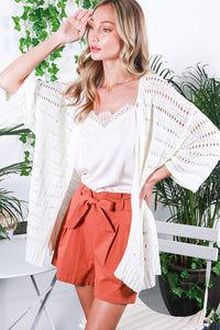 White Pointelle Knit Bracelet Sleeve Open Cardigan