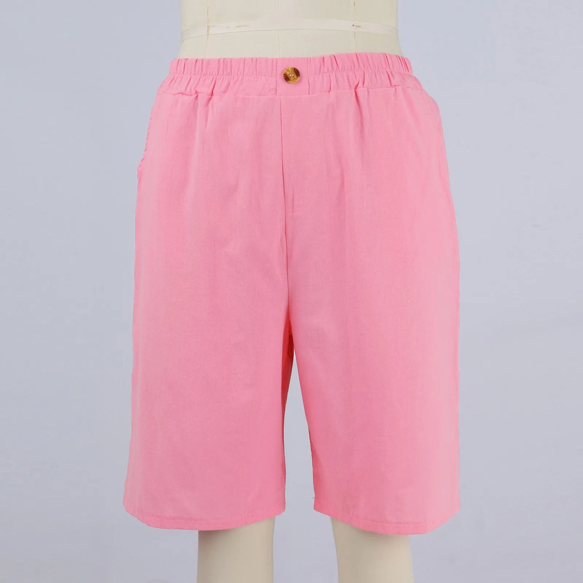 Women's Fashion Solid Color Pants Pocket Button Up Capris Loose Elastic Waist Cotton Linen Shorts