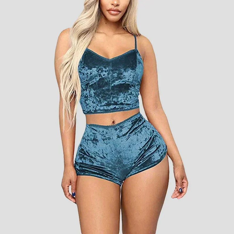 Women's Velvet Sleeveless V-neck Underwear Polyester Setcamisole+shorts Pajamas Set Comfortable Home Clothes Top Pants