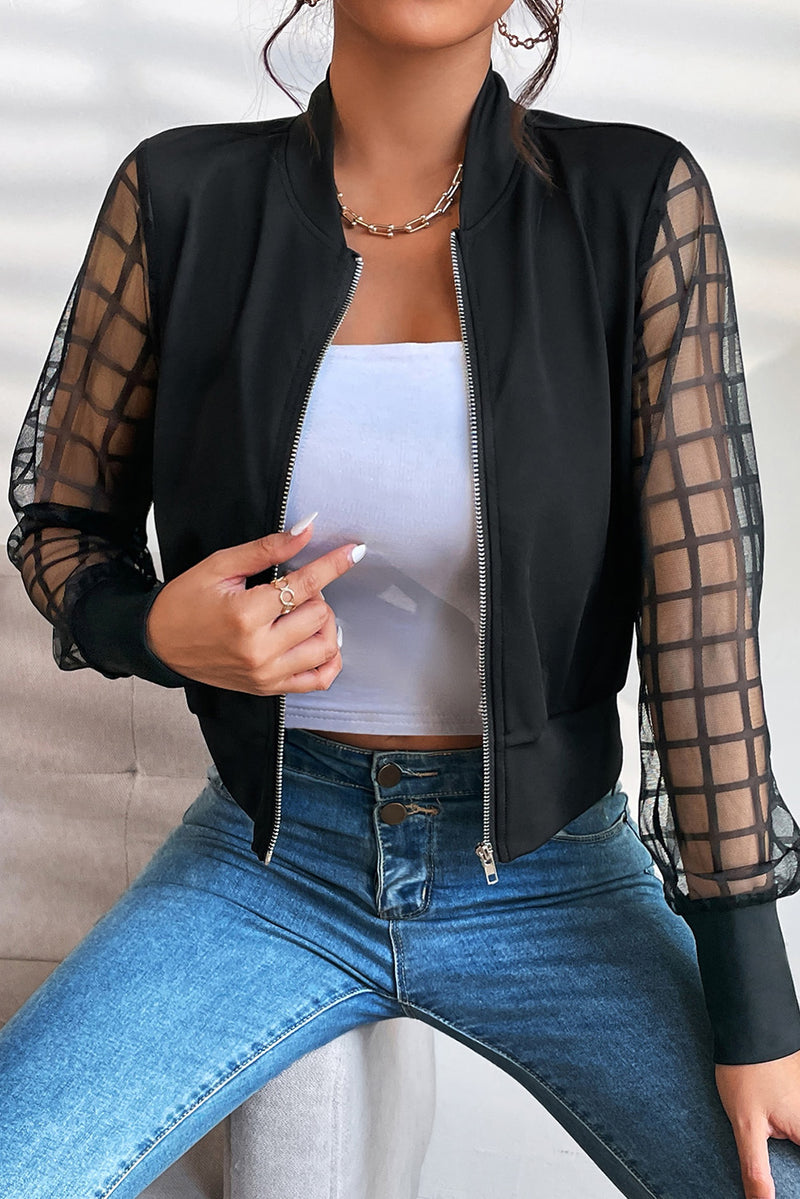 Black Latticed Mesh Sleeve Zip Up Bomber Jacket