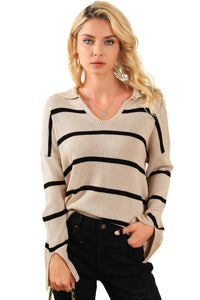 Khaki Striped Knit Collared Pullover Sweater