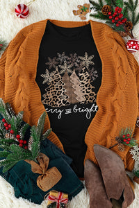 Black Leopard Christmas Tree Graphic Crew Neck T Shirt