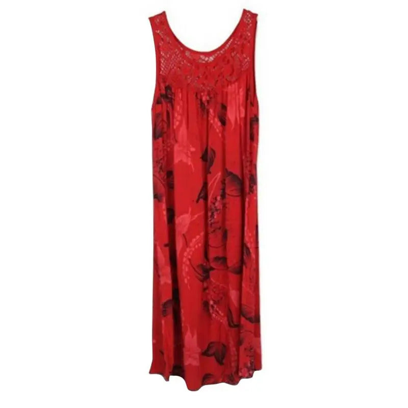 Plus Size Floral Printed Lace Stitching O-Neck Sleeveless Women Summer Loose Tank Dress