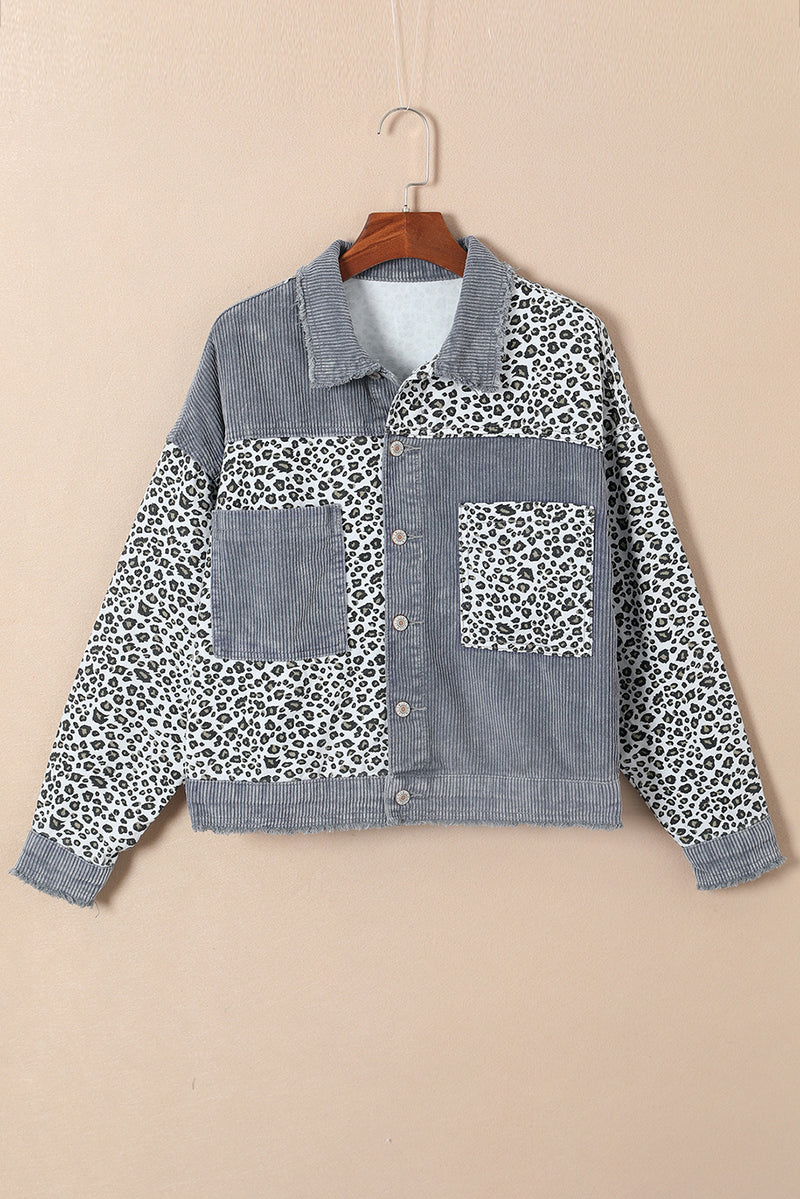 Gray Leopard Patchwork Corduroy Ripped Hem Button up Jacket