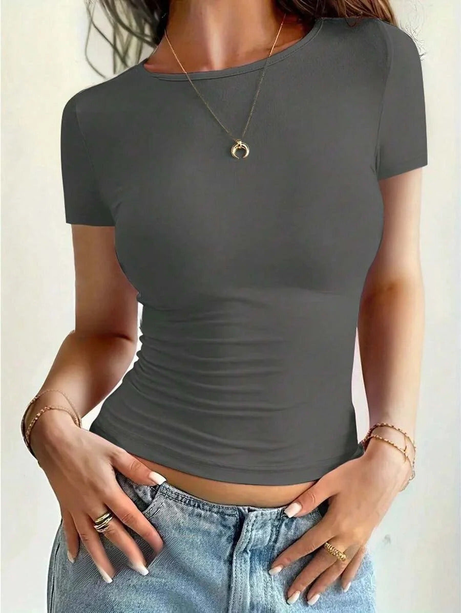 Womens Basic T-Shirts Scoop Neck Short Sleeve Crop Tops Cute Summer Tops Slim Fit Tees Y2k Clothing 2024