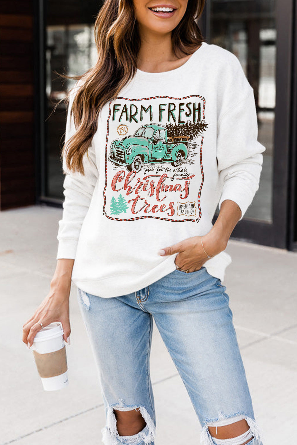 White Christmas Tree Transport Graphic Print Sweatshirt