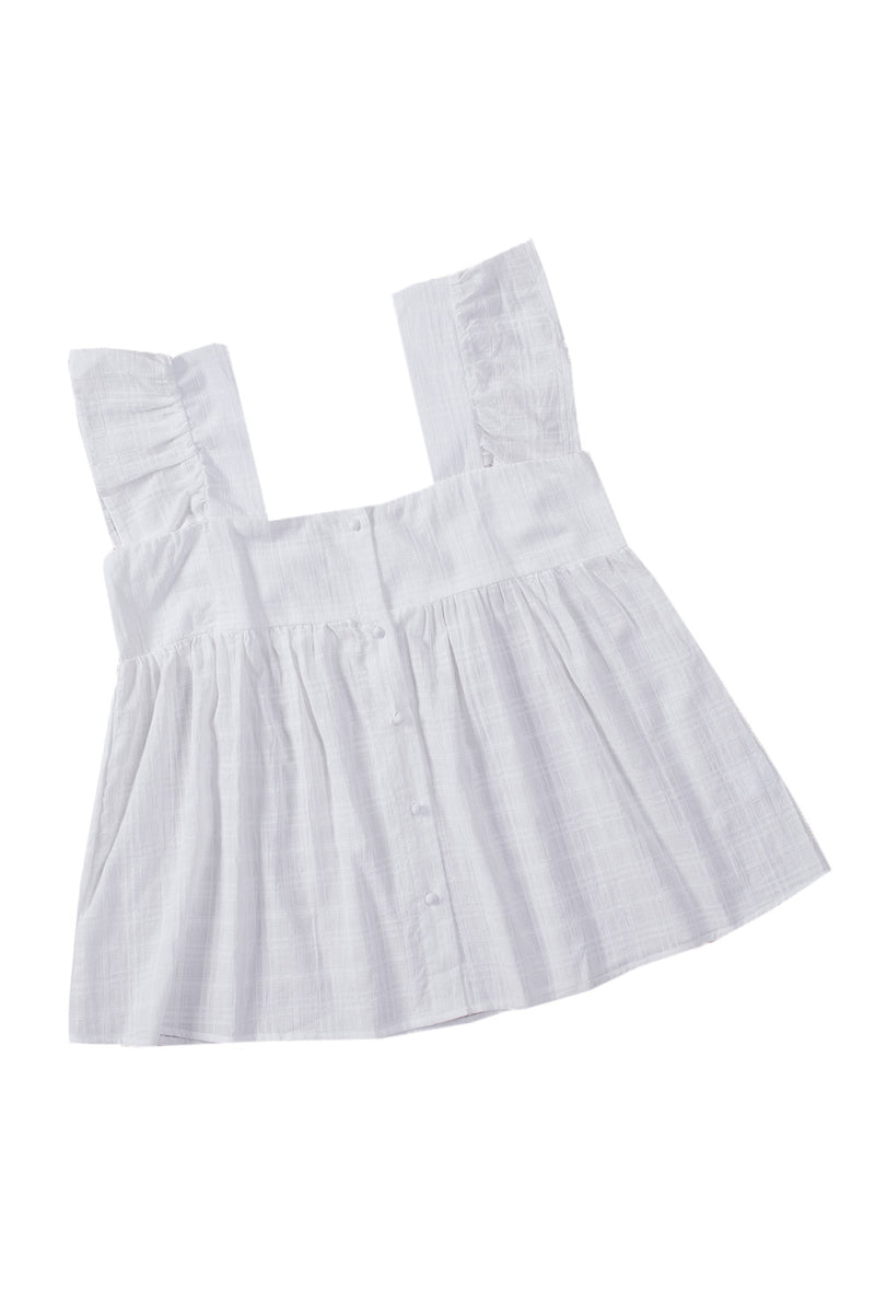 White Puckered Texturing Ruffled Cap Sleeves Babydoll Top