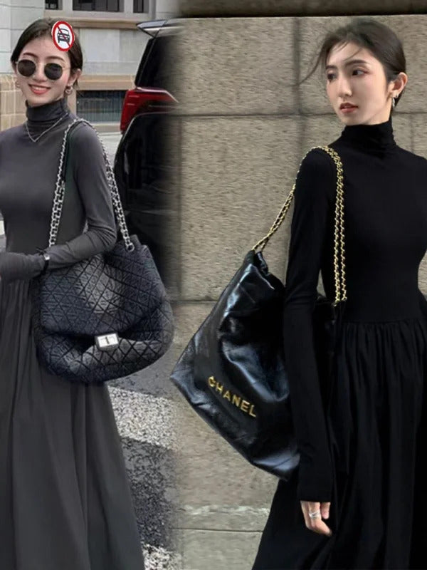 With Coat Knitted Fishtail Dress Women Autumn and Winter Long Hepburn Sle Black Dress Slim fit Inner wear Bottoming Sweater...