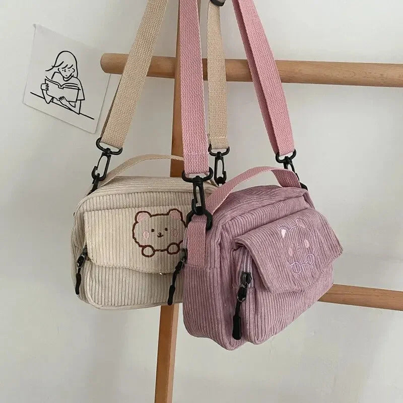 Personalized Teddy Bear Embroidered Diagonal Shoulder Bag, Corduroy Leisure Bag, WOMEN'S Crossbody Bag