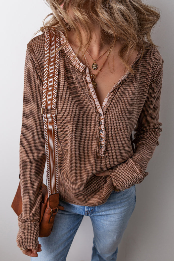 Coffee Acid Wash Waffle Knit Buttoned Neckline Long Sleeve Top