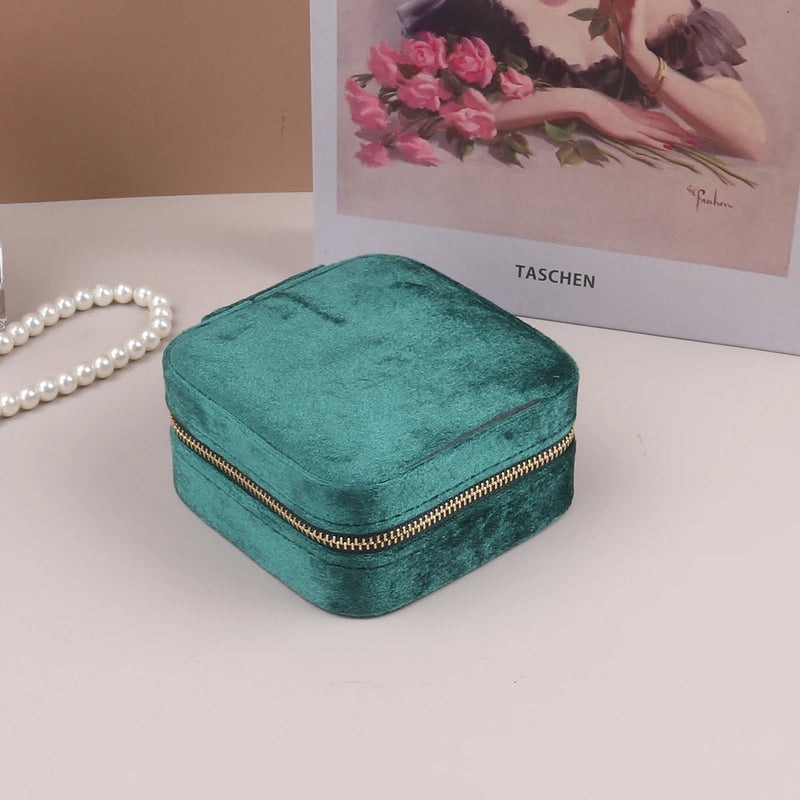 Velvet Jewelry Box For Women Geometric Sqaure Jewelry Storage Case Necklace Ring Earrings Travel Portable Zipper Boxes