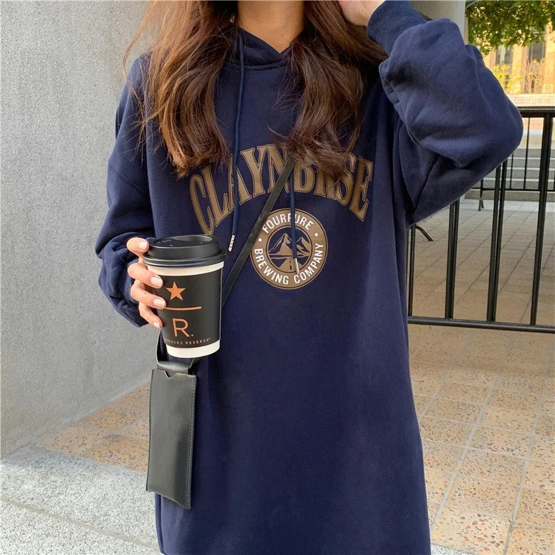 Long Hood Sweater Dress Women Autumn and Winter Fleece-lined Thickened Pullover Small Loose Mid-Length over-the-Knee Dress