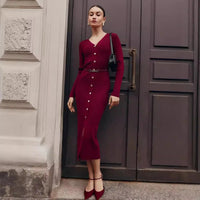 Tossy Autumn V-Neck Knit Long Dress For Women Ribbed Patchwork Cardigan Slim Elegant Party Dress Female Knitwear Maxi Dress 2024