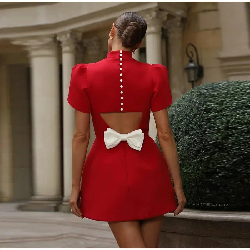 Elegant Bow Hallow Out Mini Dress Women Red O-neck Short Sleeve High Waist A-line Dresses Female 2024 Fashion Party Evening Robe