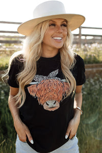 Black Western Cute Cow Head Printed Graphic Tee